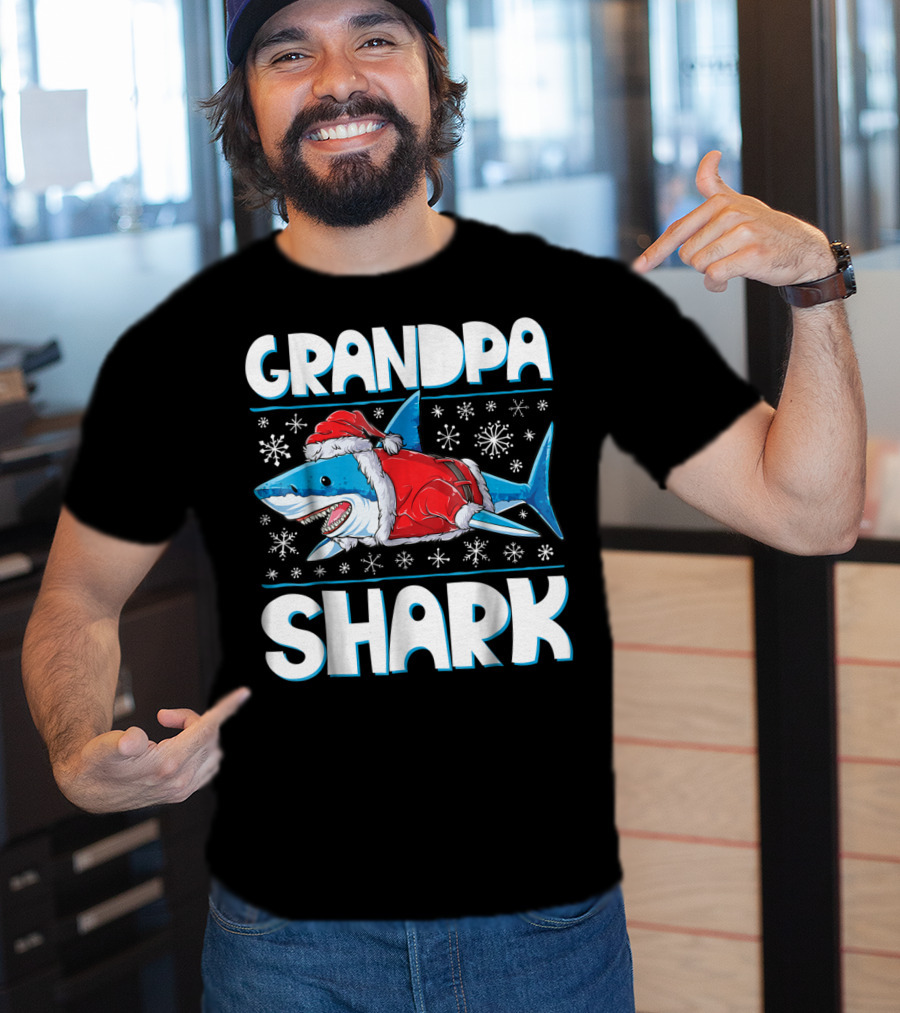 Grandpa Shark Santa With Snowflakes T-Shirt