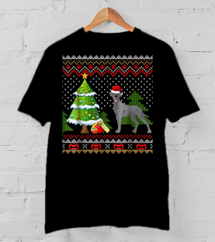 Great Danes Santa Christmas UglyDog Holiday Sweater Tree Present T-Shirt