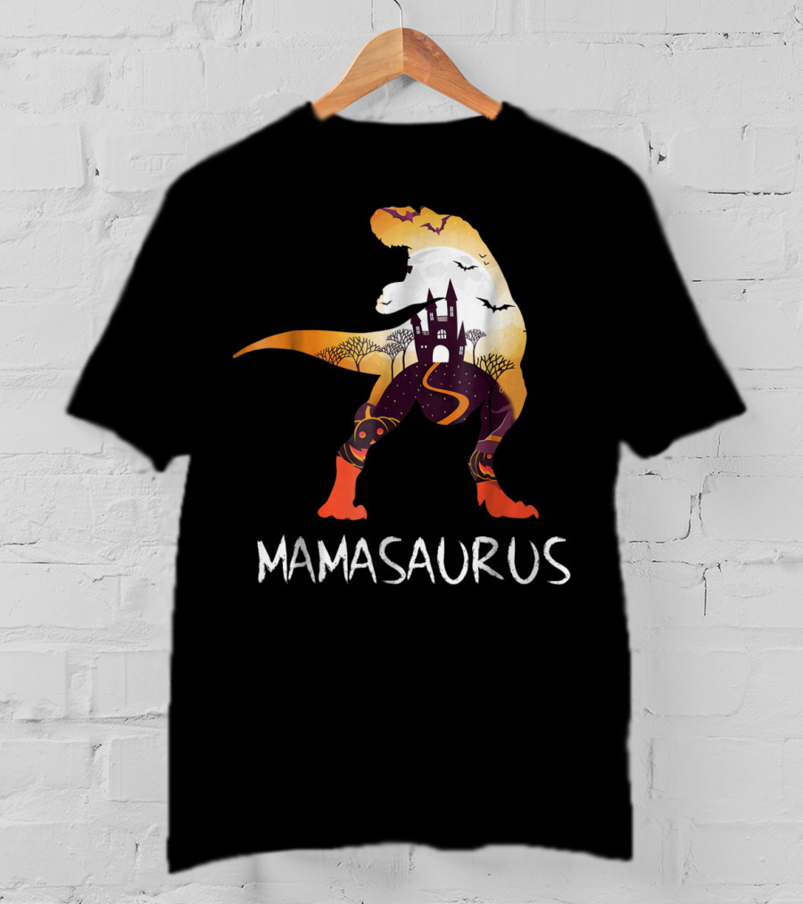 Mamasaurus Halloween Castle Bats T-Rex Scene T-Shirt