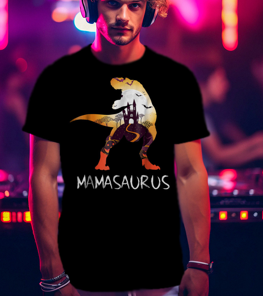 Mamasaurus Halloween Castle Bats T-Rex Scene T-Shirt