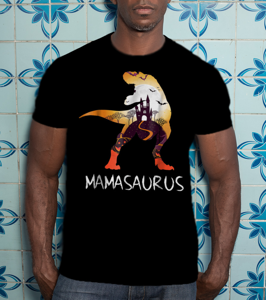 Mamasaurus Halloween Castle Bats T-Rex Scene T-Shirt