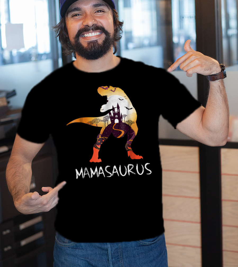 Mamasaurus Halloween Castle Bats T-Rex Scene T-Shirt