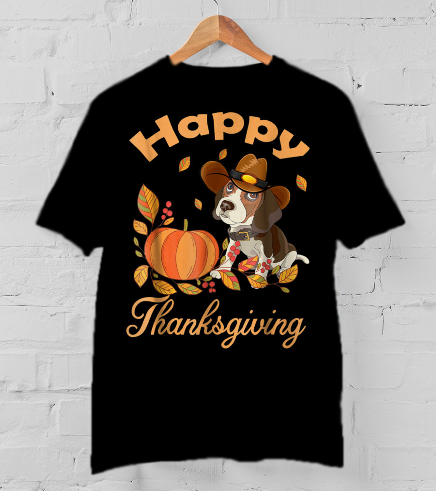 Happy Thanksgiving Beagles Pilgrim Pumpkin And Leaves T-Shirt