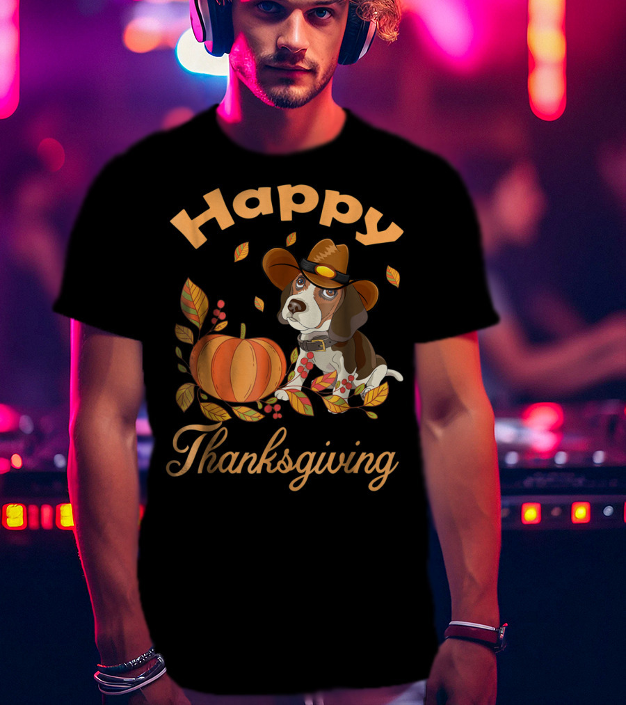 Happy Thanksgiving Beagles Pilgrim Pumpkin And Leaves T-Shirt