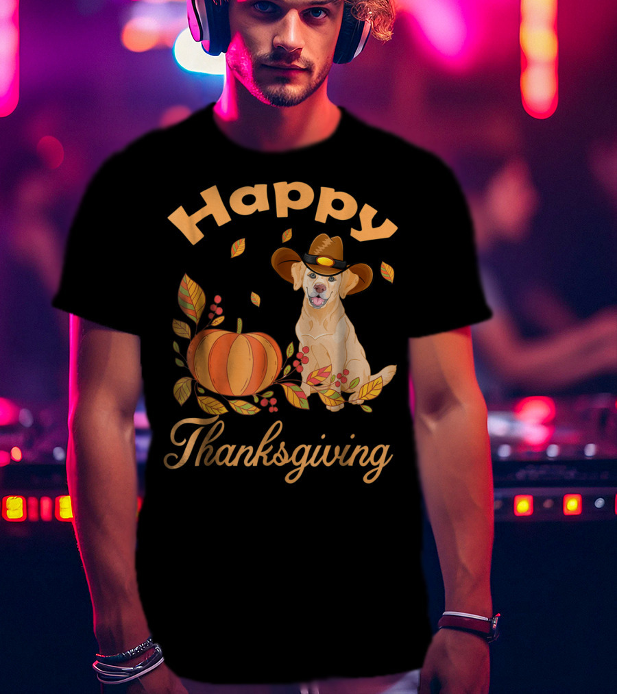 Happy Thanksgiving Golden Retriever With Pumpkin And Leaves T-Shirt