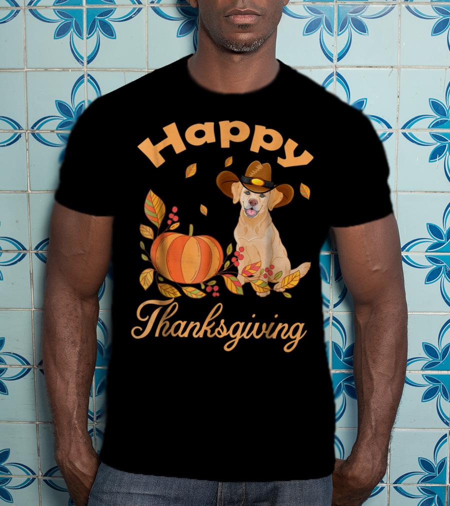 Happy Thanksgiving Golden Retriever With Pumpkin And Leaves T-Shirt