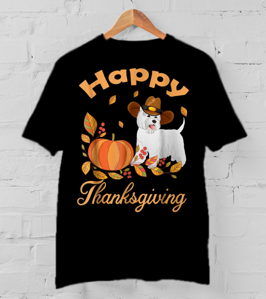 Happy Thanksgiving Westie Pilgrim Dog With Pumpkin And Leaves T-Shirt