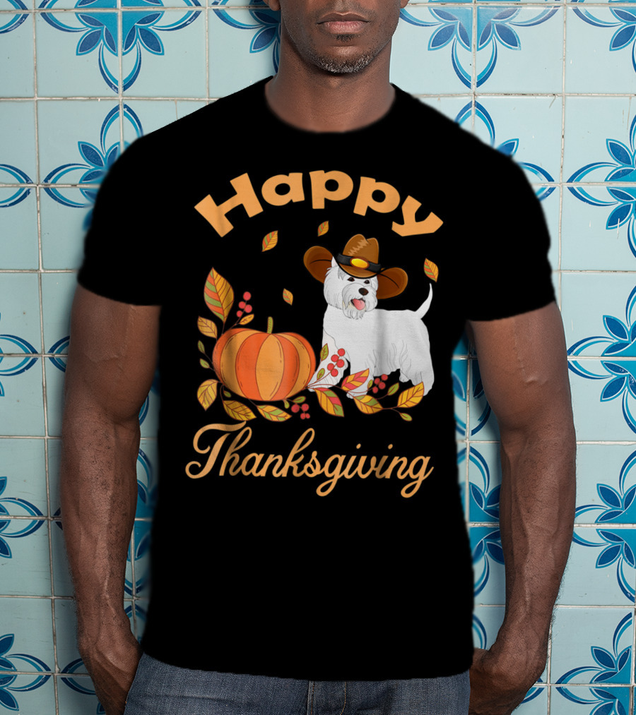 Happy Thanksgiving Westie Pilgrim Dog With Pumpkin And Leaves T-Shirt