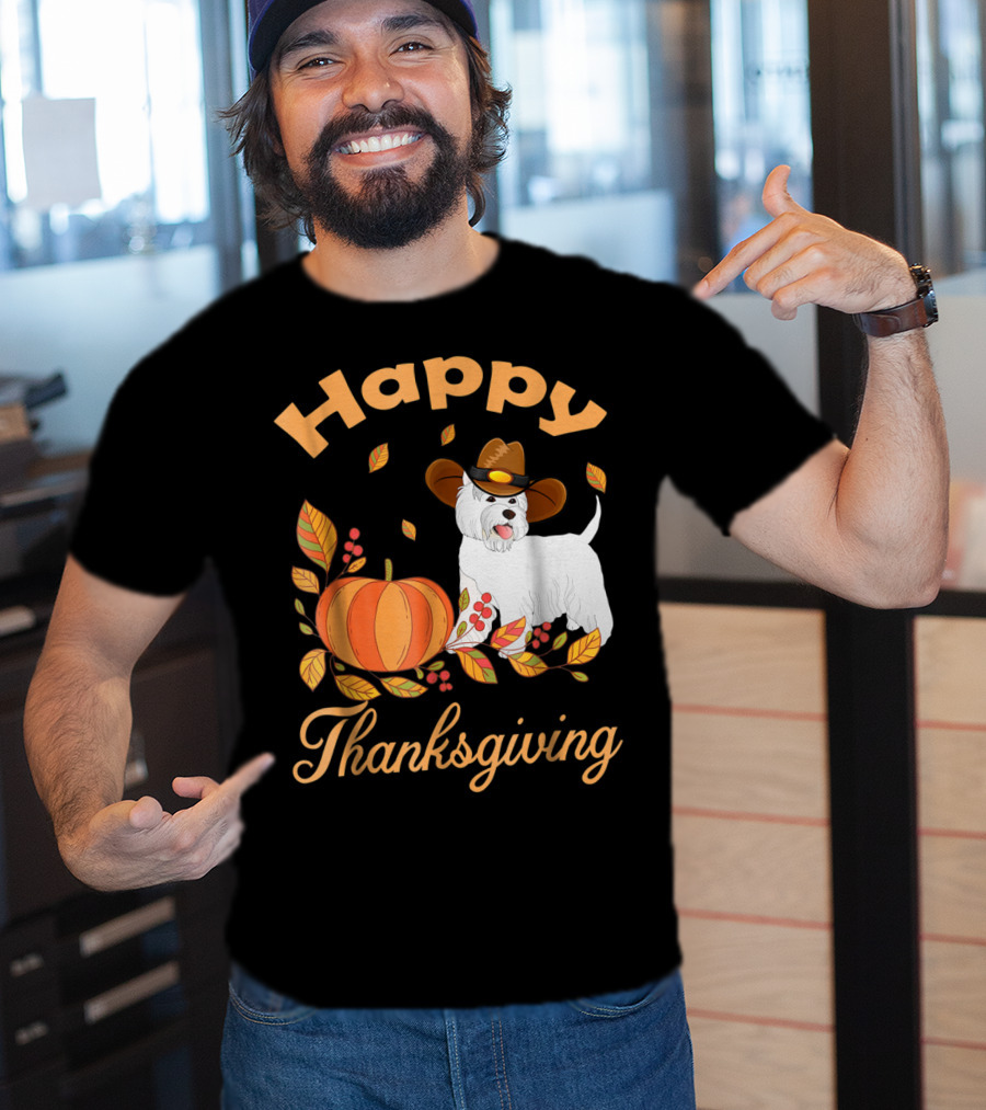 Happy Thanksgiving Westie Pilgrim Dog With Pumpkin And Leaves T-Shirt