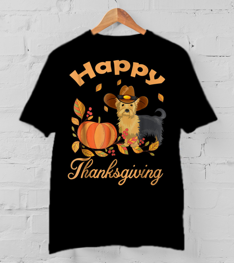 Happy Thanksgiving Yorkie With Pilgrim Hat And Autumn Pumpkin Leaves T-Shirt