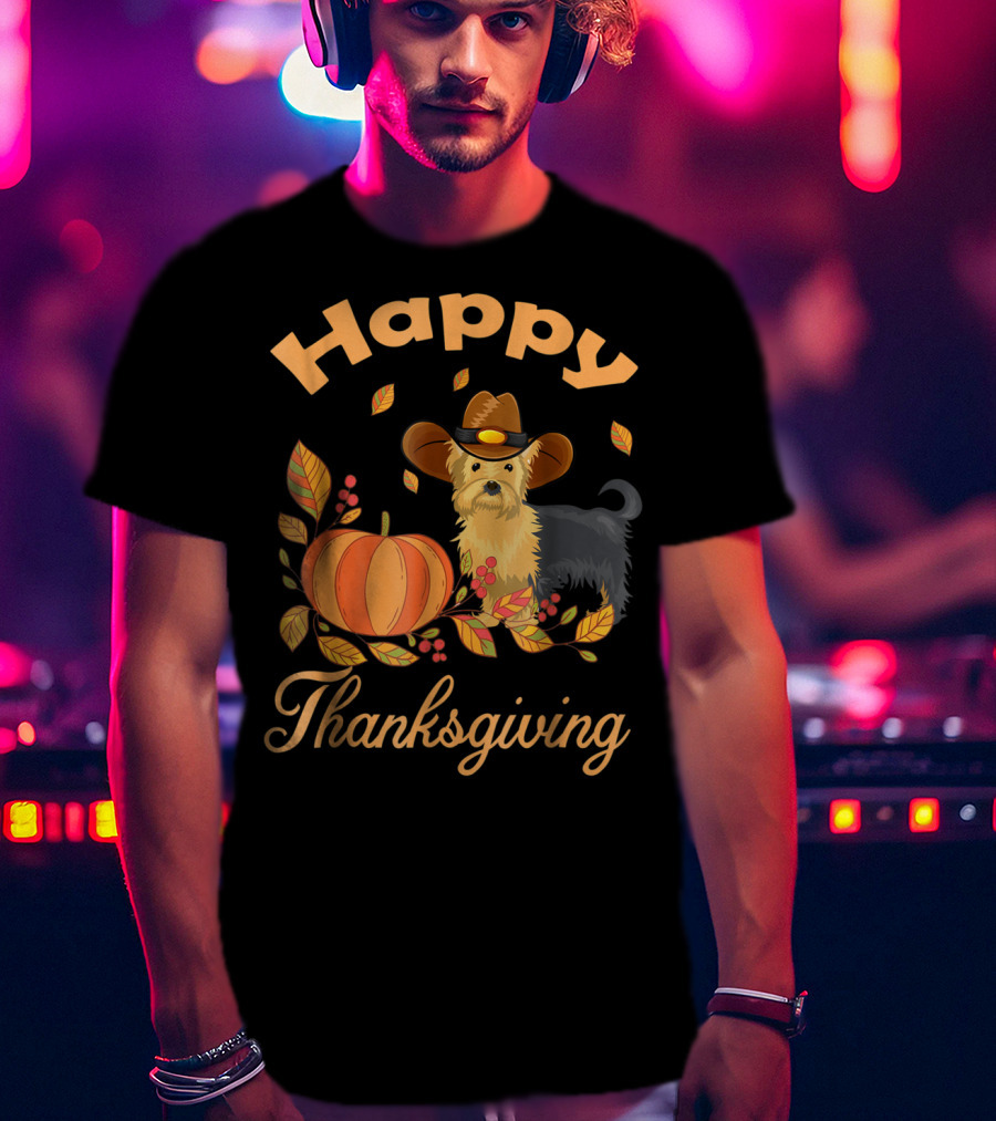 Happy Thanksgiving Yorkie With Pilgrim Hat And Autumn Pumpkin Leaves T-Shirt