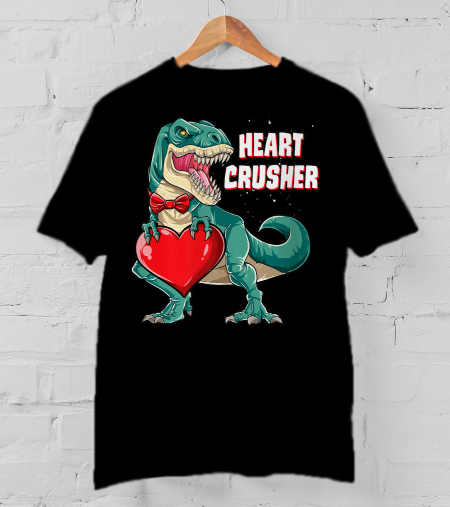 Heart Crusher Valentines Day Dinosaur Rex Bowtie Holding Heart T-Shirt