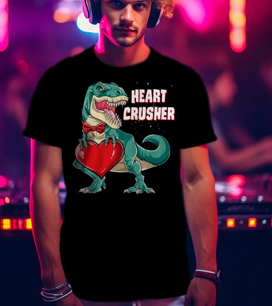 Heart Crusher Valentines Day Dinosaur Rex Bowtie Holding Heart T-Shirt