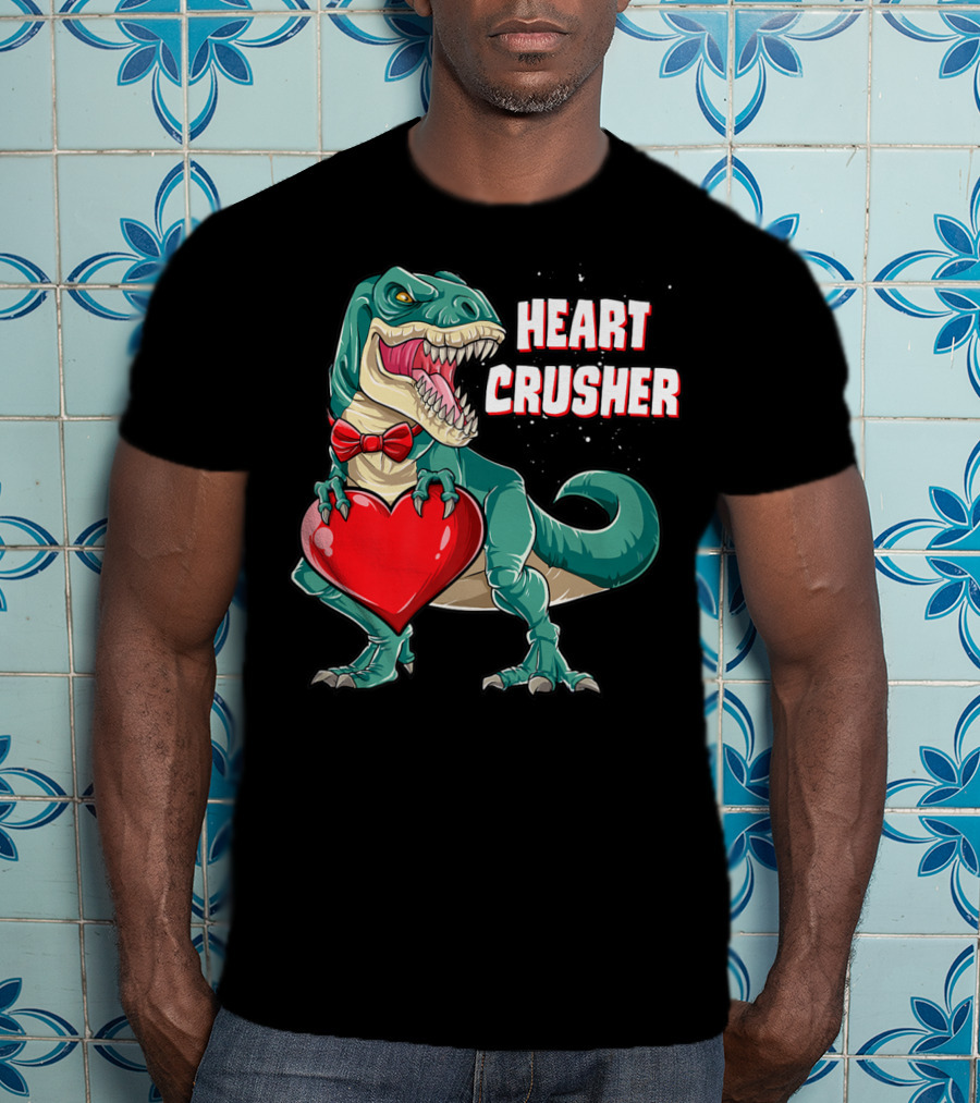 Heart Crusher Valentines Day Dinosaur Rex Bowtie Holding Heart T-Shirt