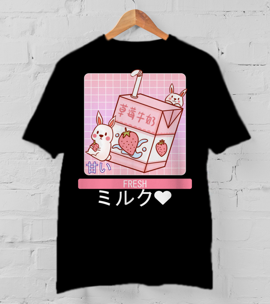 Fresh  Strawberry Milk Carton With Cute Bunny Aesthetic T-Shirt