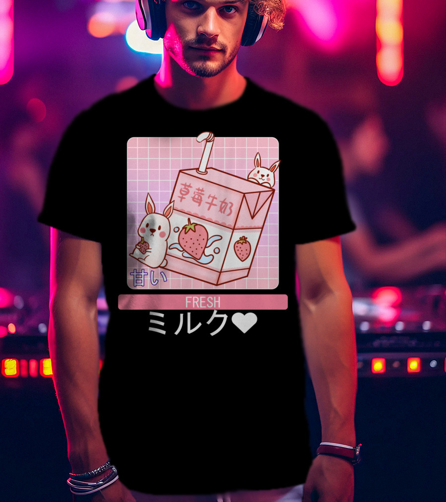 Fresh  Strawberry Milk Carton With Cute Bunny Aesthetic T-Shirt