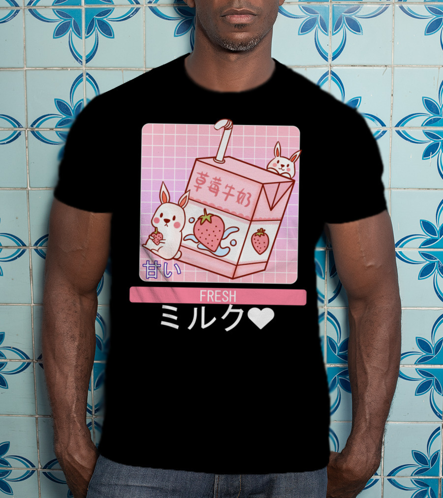 Fresh  Strawberry Milk Carton With Cute Bunny Aesthetic T-Shirt