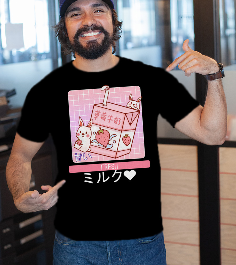 Fresh  Strawberry Milk Carton With Cute Bunny Aesthetic T-Shirt