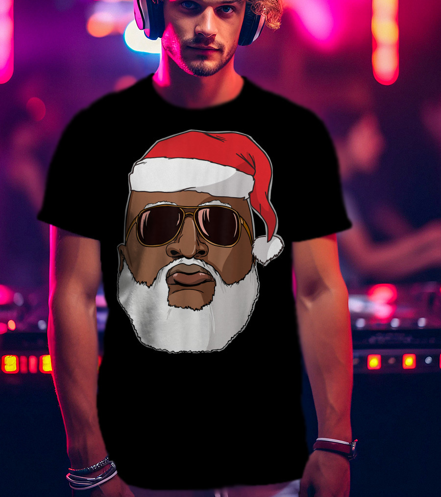 African American Santa With Sunglasses And Santa Hat T-Shirt