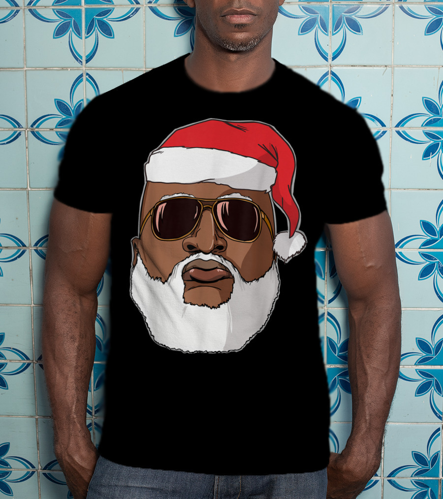 African American Santa With Sunglasses And Santa Hat T-Shirt