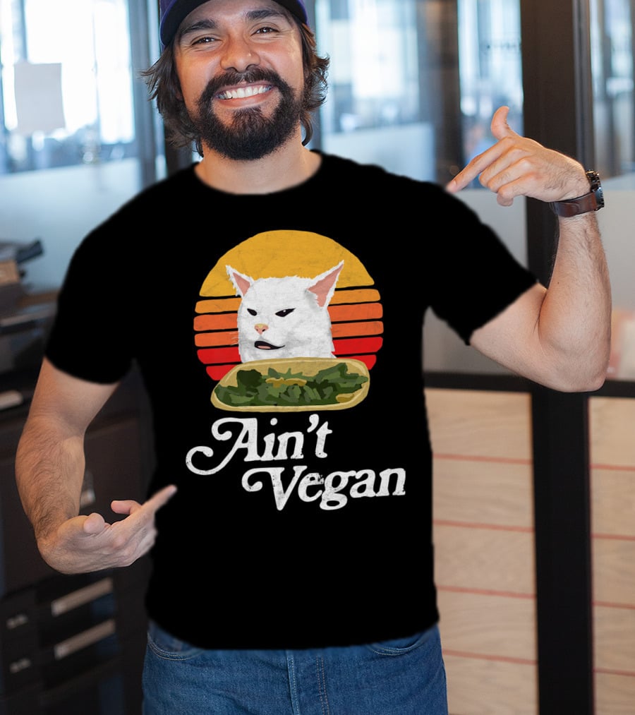 Ain't Vegan Arguing White Cat Retro Sunset T-Shirt