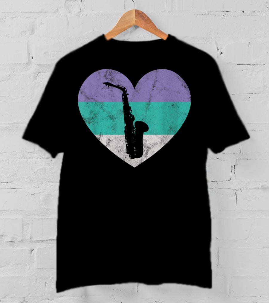 Heart With Alto Saxophone Silhouette And Pastel Stripes T-Shirt