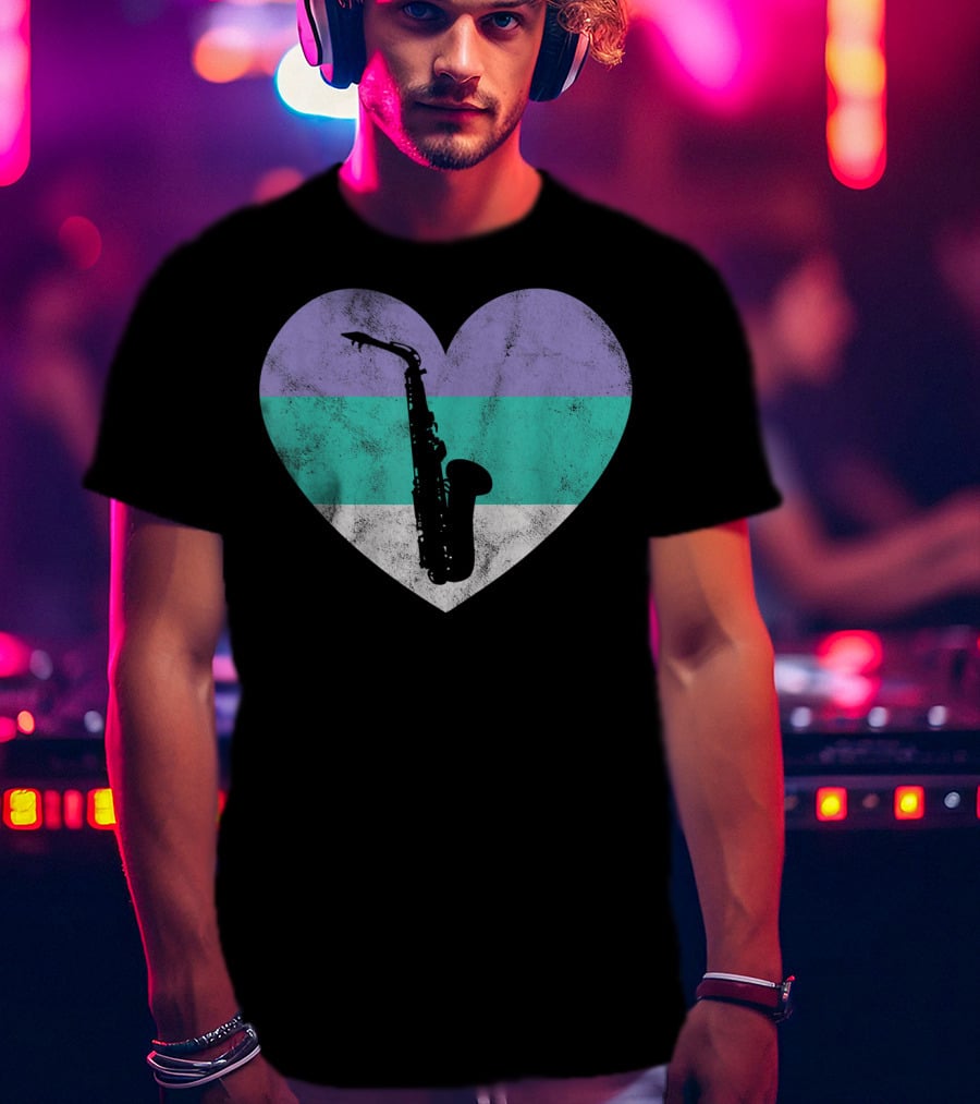 Heart With Alto Saxophone Silhouette And Pastel Stripes T-Shirt