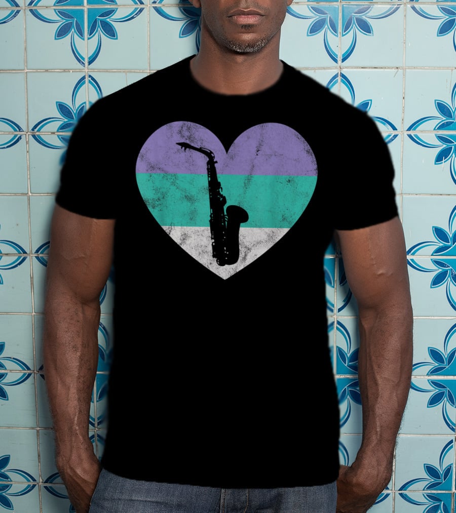 Heart With Alto Saxophone Silhouette And Pastel Stripes T-Shirt
