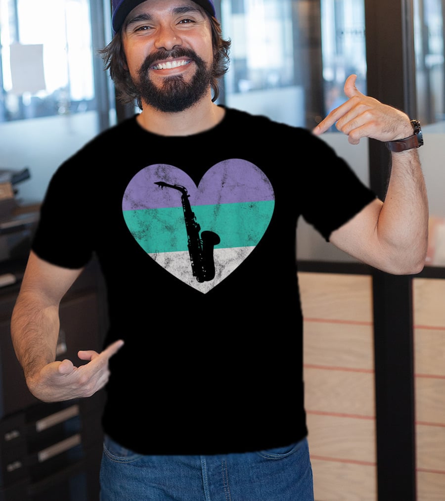Heart With Alto Saxophone Silhouette And Pastel Stripes T-Shirt