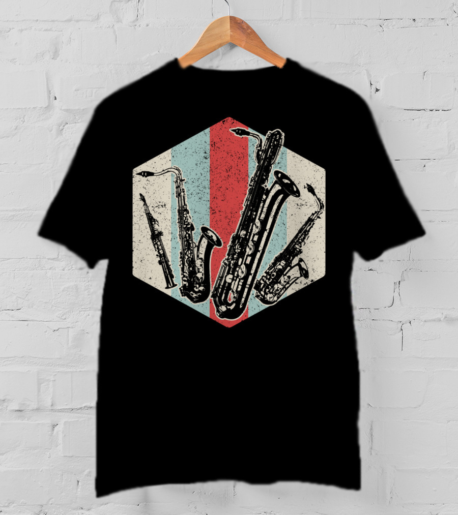Alto Tenor Soprano Baritone Saxophone Sax Retro Hexagon T-Shirt