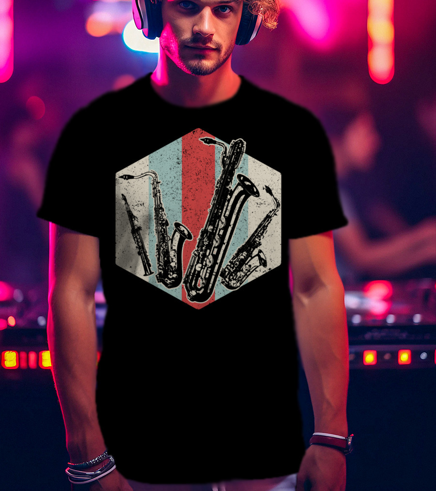 Alto Tenor Soprano Baritone Saxophone Sax Retro Hexagon T-Shirt