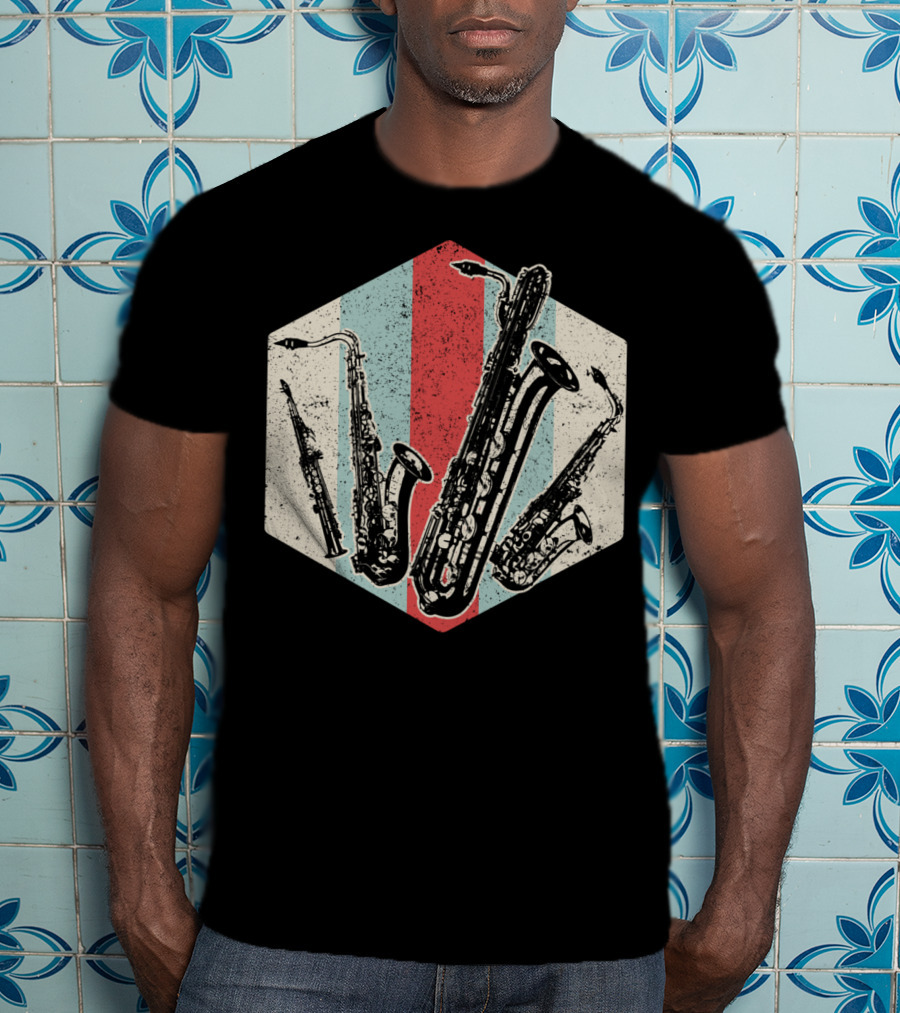 Alto Tenor Soprano Baritone Saxophone Sax Retro Hexagon T-Shirt