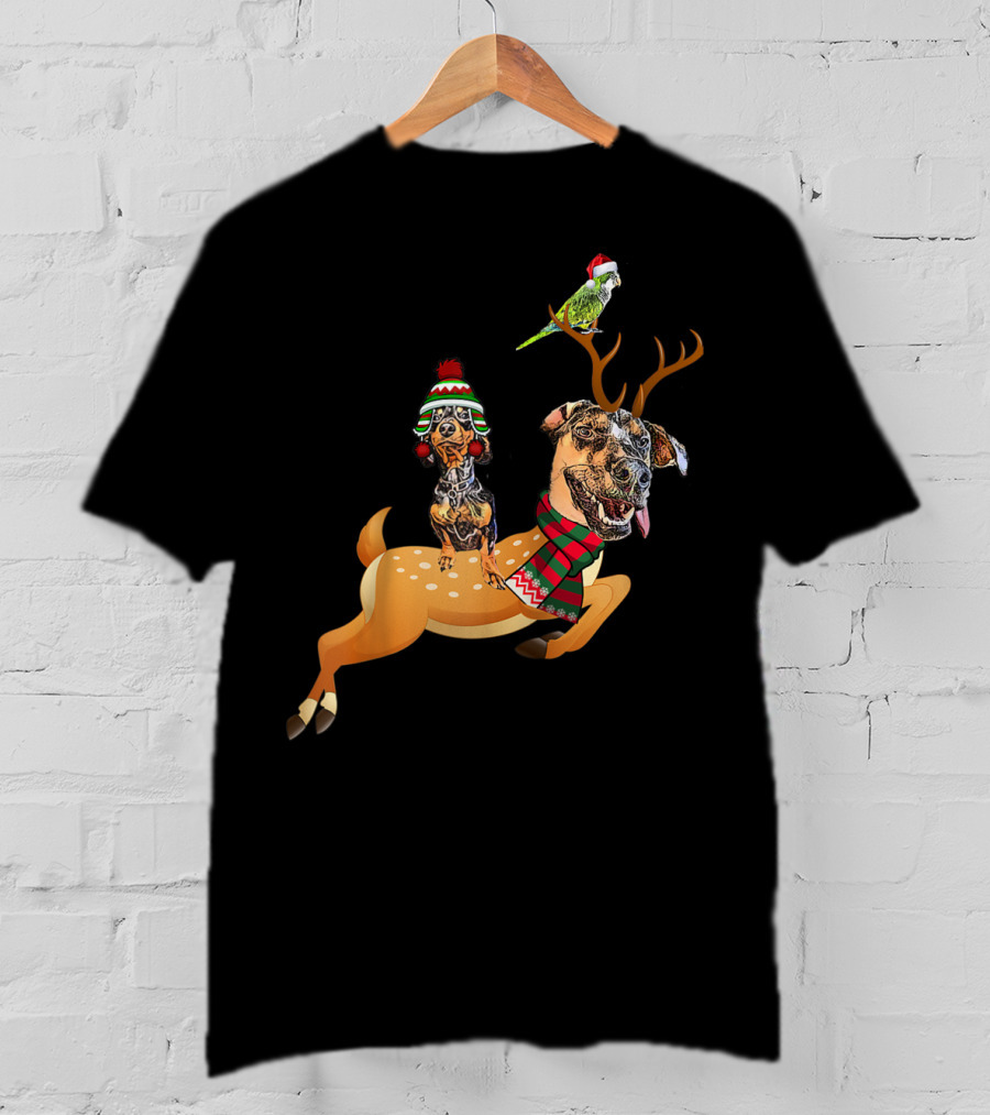 At's Andy And Thanri Reindeer Dog Duo With Santa Parrot T-Shirt