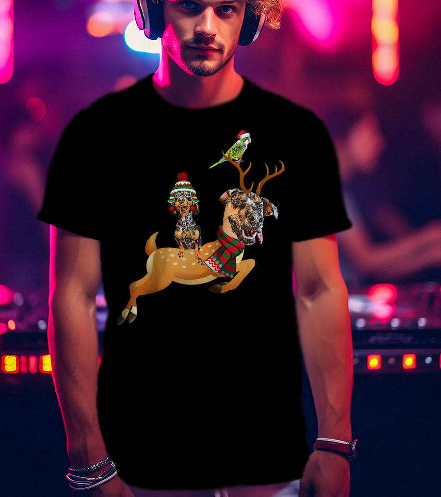 At's Andy And Thanri Reindeer Dog Duo With Santa Parrot T-Shirt