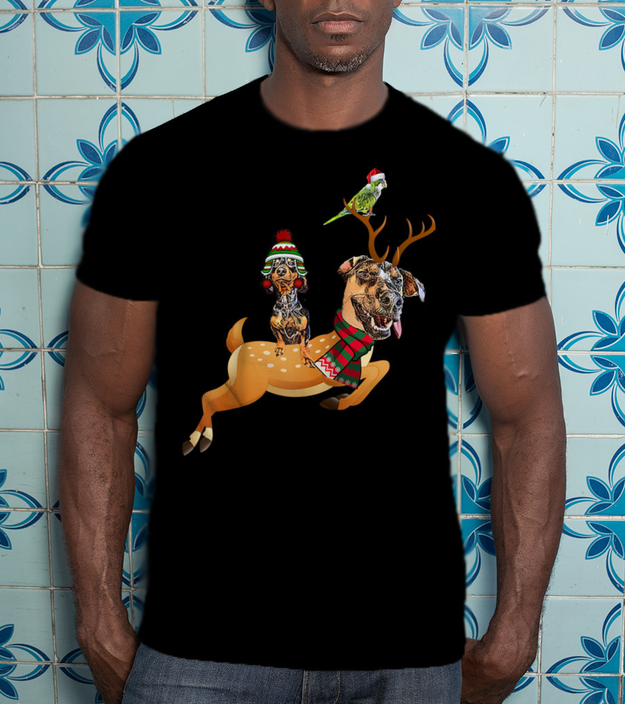 At's Andy And Thanri Reindeer Dog Duo With Santa Parrot T-Shirt