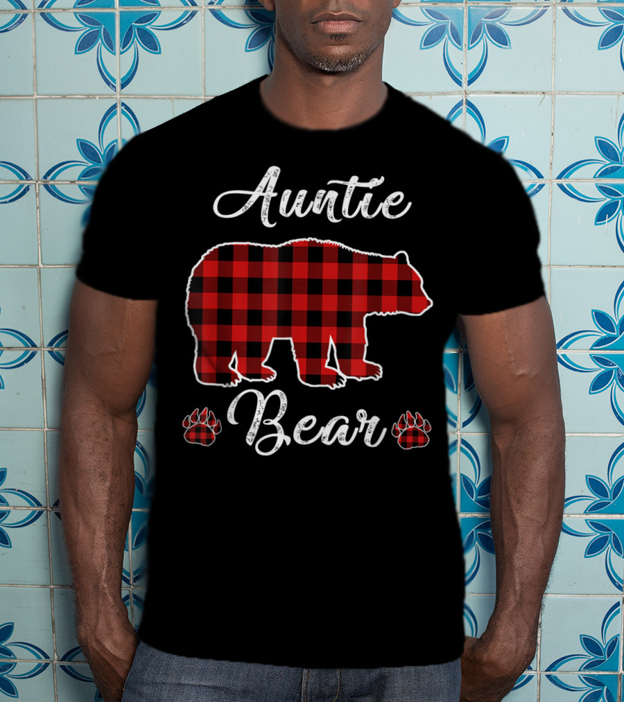 Auntie Bear Red Plaid Buffalo Christmas T-Shirt