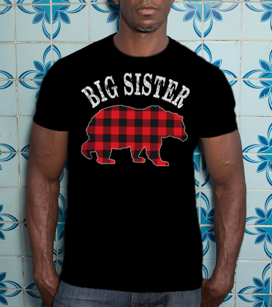 Big Sister Bear Red Black Buffalo Plaid T-Shirt