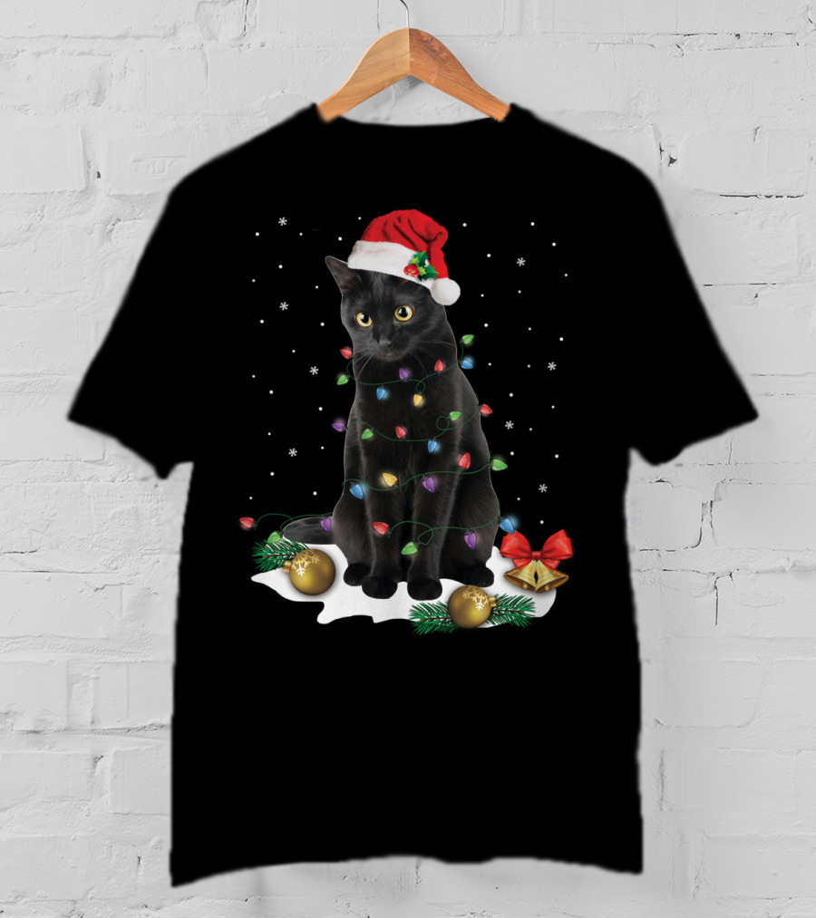 Black Cat Santa Christmas Lights Funny Cat Dad Festive Holiday T-Shirt
