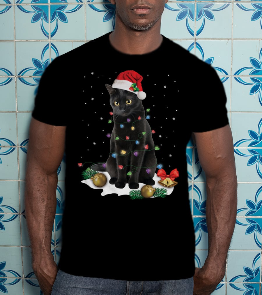 Black Cat Santa Christmas Lights Funny Cat Dad Festive Holiday T-Shirt