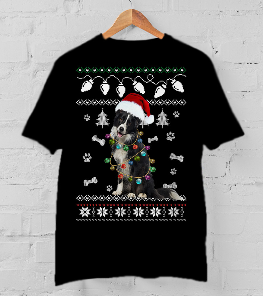 Border Collie Christmas Lights Santa Hat Paw Prints Festive T-Shirt