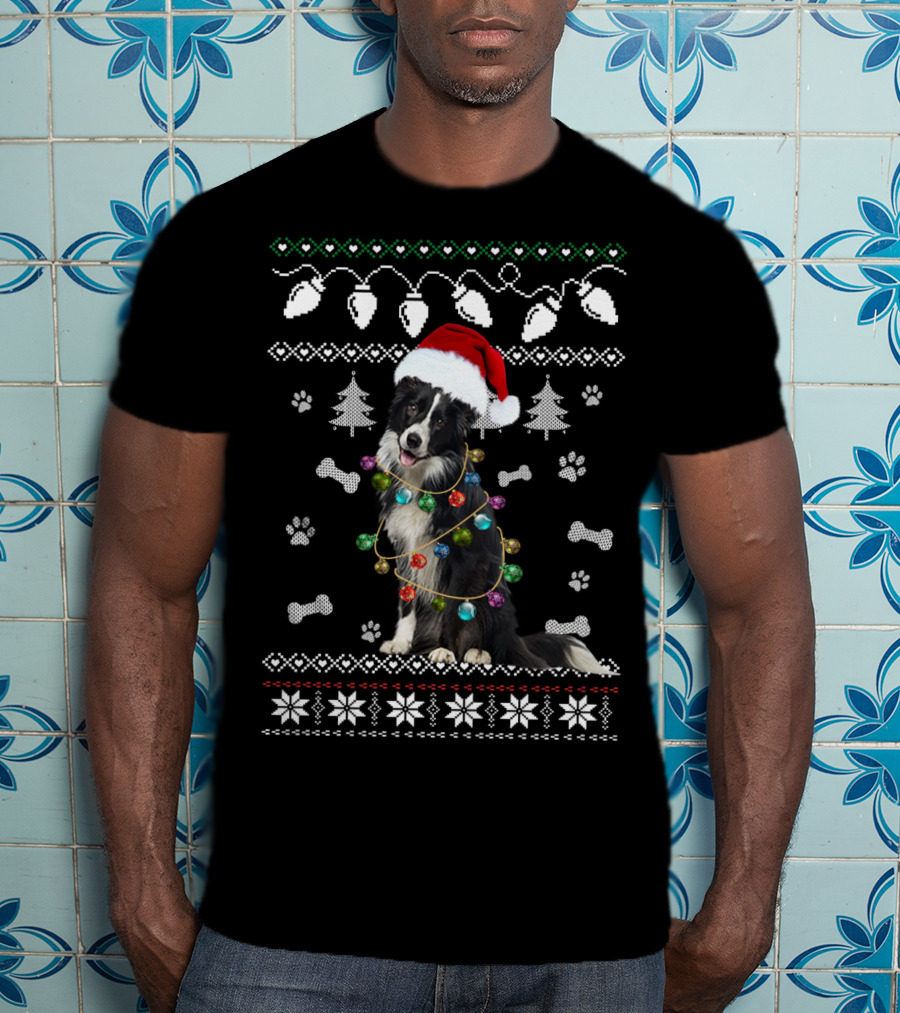 Border Collie Christmas Lights Santa Hat Paw Prints Festive T-Shirt