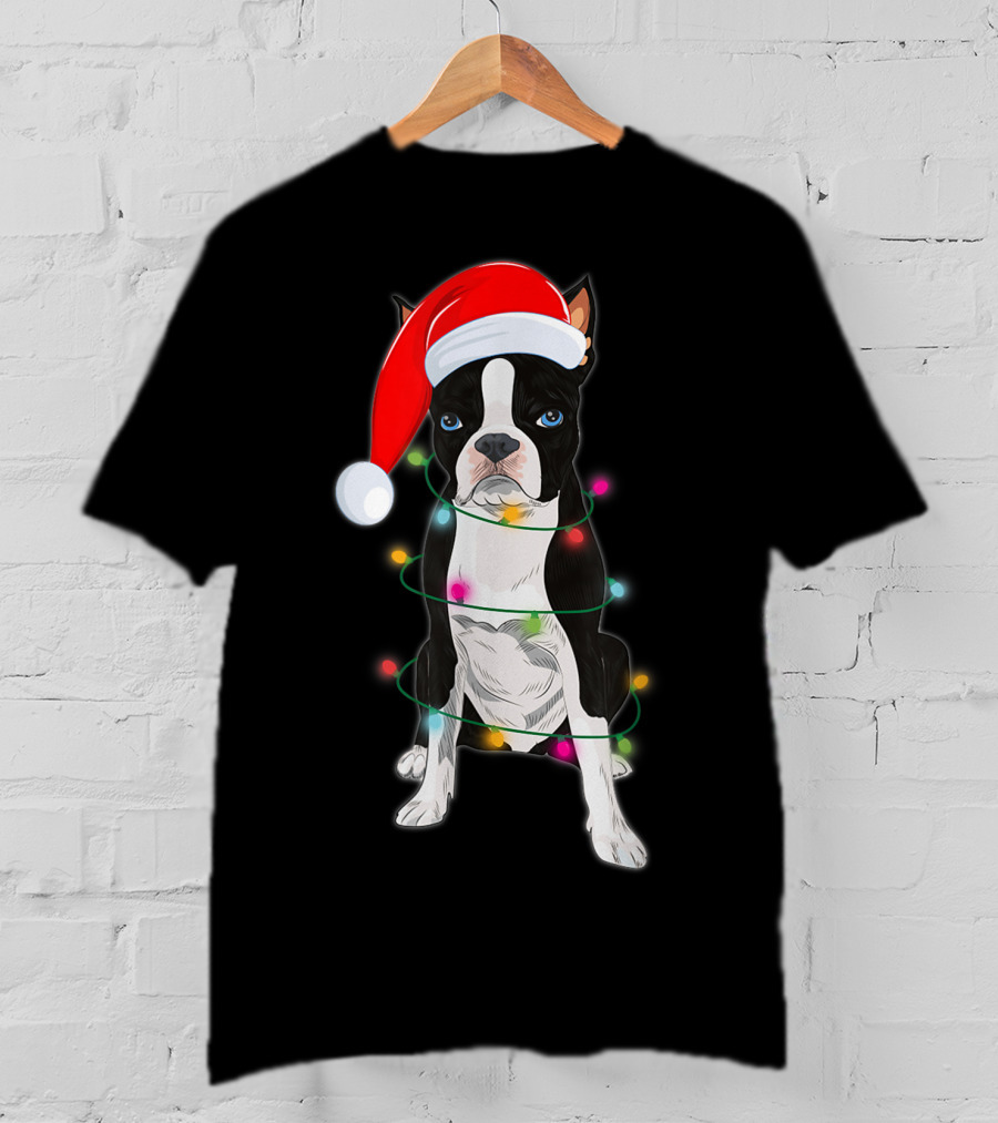 Boston Terrier Wrapped In Christmas Lights With Santa Hat T-Shirt