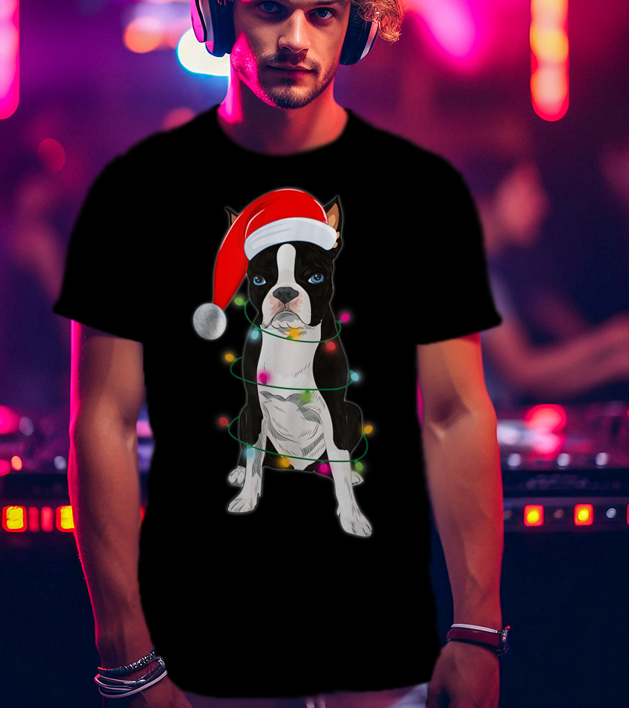 Boston Terrier Wrapped In Christmas Lights With Santa Hat T-Shirt