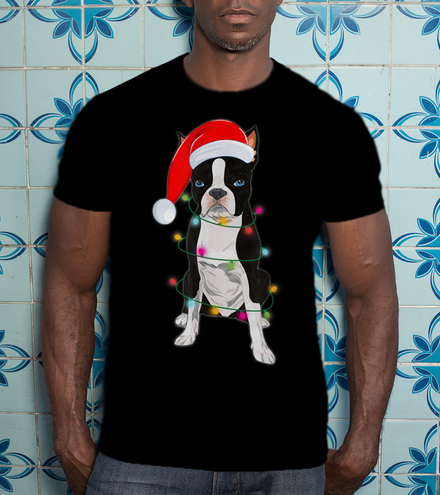 Boston Terrier Wrapped In Christmas Lights With Santa Hat T-Shirt
