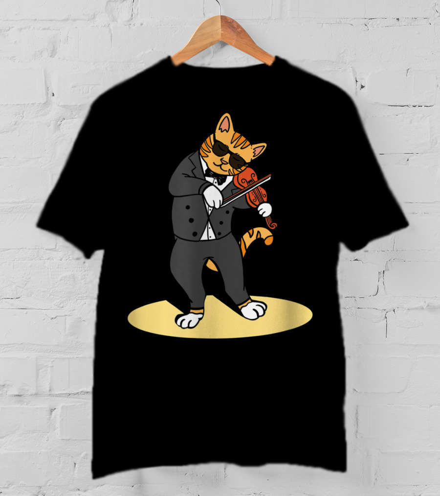 Cat Playing Violin Orchestra Kitten In Tuxedo With Sunglasses T-Shirt