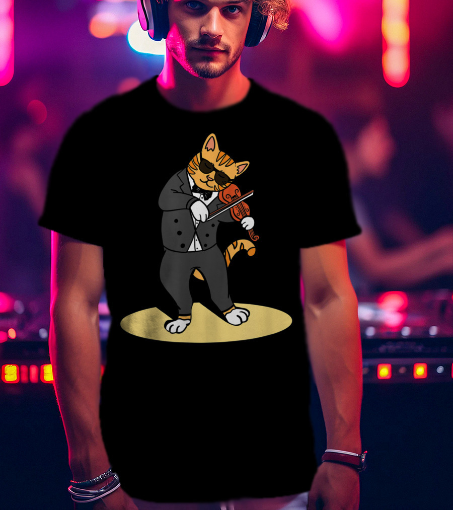 Cat Playing Violin Orchestra Kitten In Tuxedo With Sunglasses T-Shirt