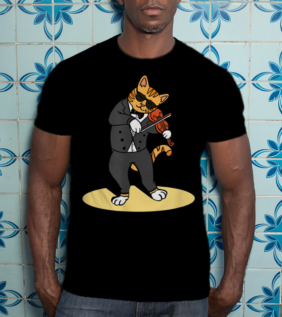 Cat Playing Violin Orchestra Kitten In Tuxedo With Sunglasses T-Shirt