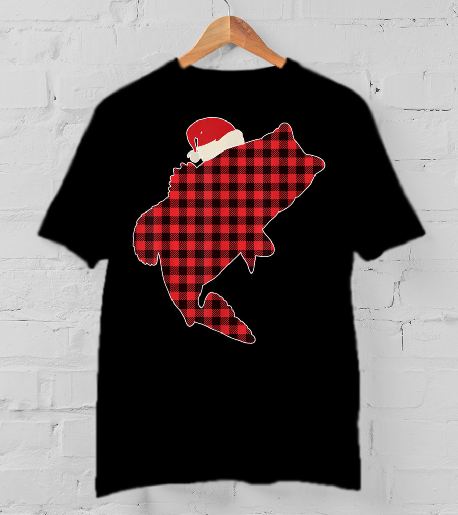 Christmas Fish Santa Hat Red Plaid Buffalo T-Shirt