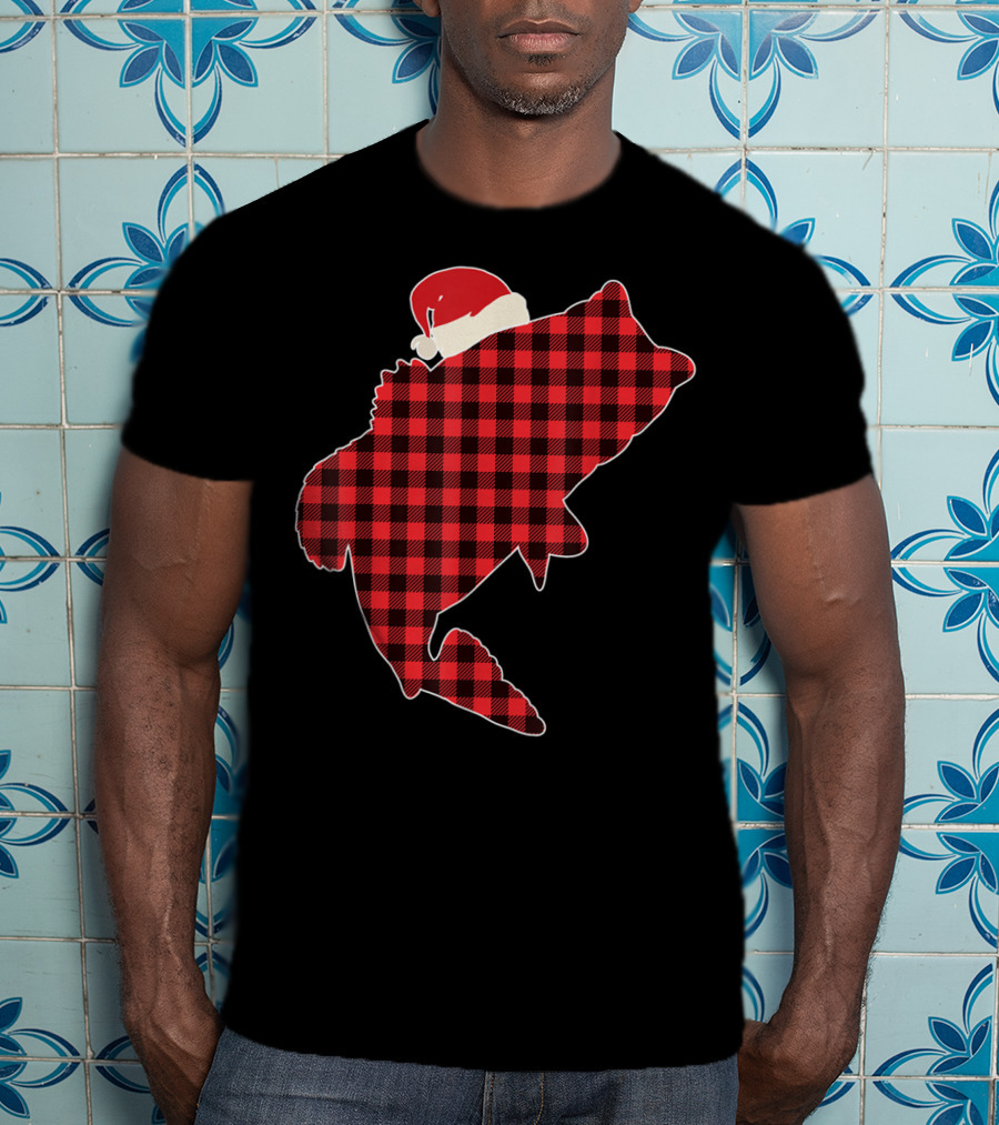 Christmas Fish Santa Hat Red Plaid Buffalo T-Shirt