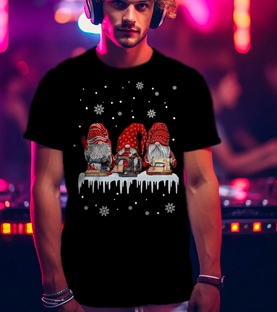 Christmas Gnomes Red Sewing Machine Snowflakes Winter Scene T-Shirt